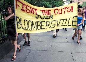 Participants in the Bloombergville protest camp on the march against cuts